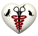 Heart-shaped logo featuring grooming scissors and a caduceus symbol, flanked by silhouettes of a dog and a cat, representing pet aesthetics and care in the Iv San Bernard Certified Pet Aesthetician Program.