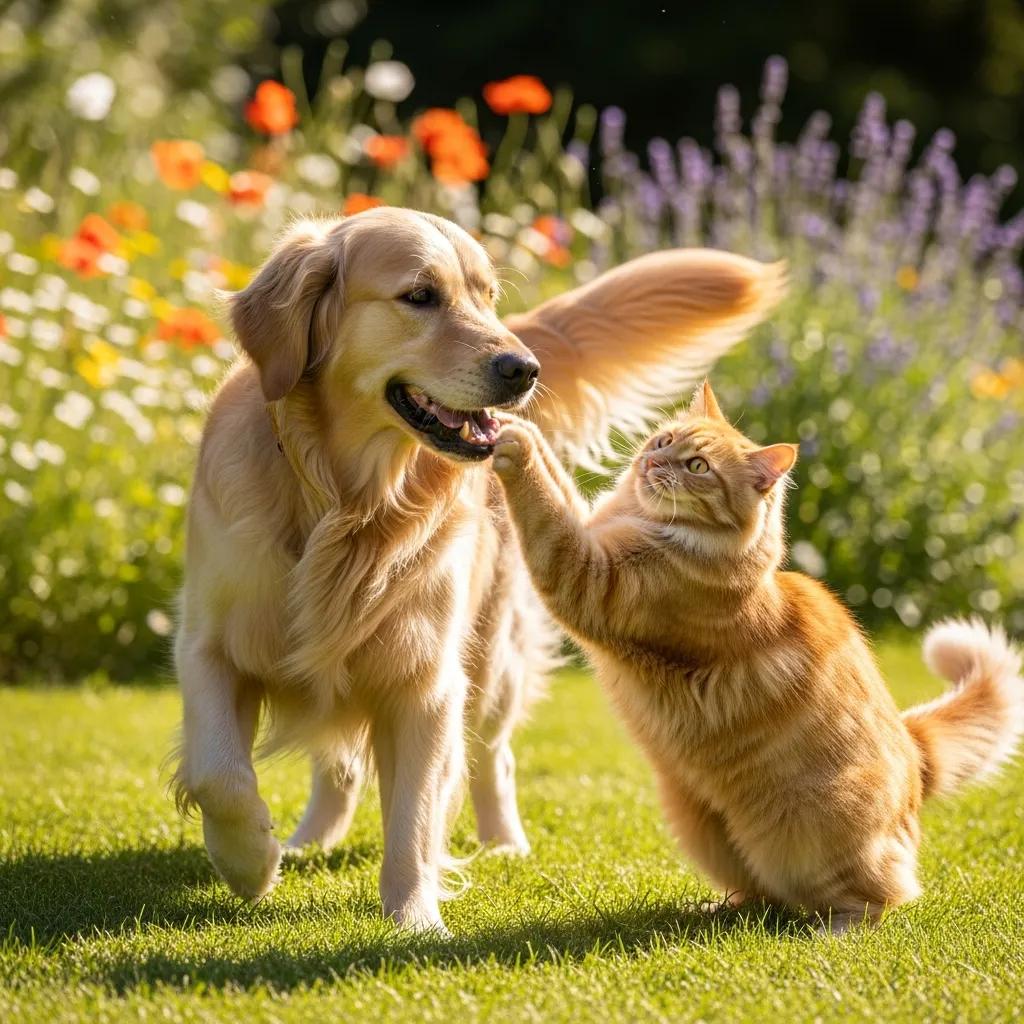 Golden retriever and orange cat playing joyfully in a sunny park, representing healthy pet skin and coat care.