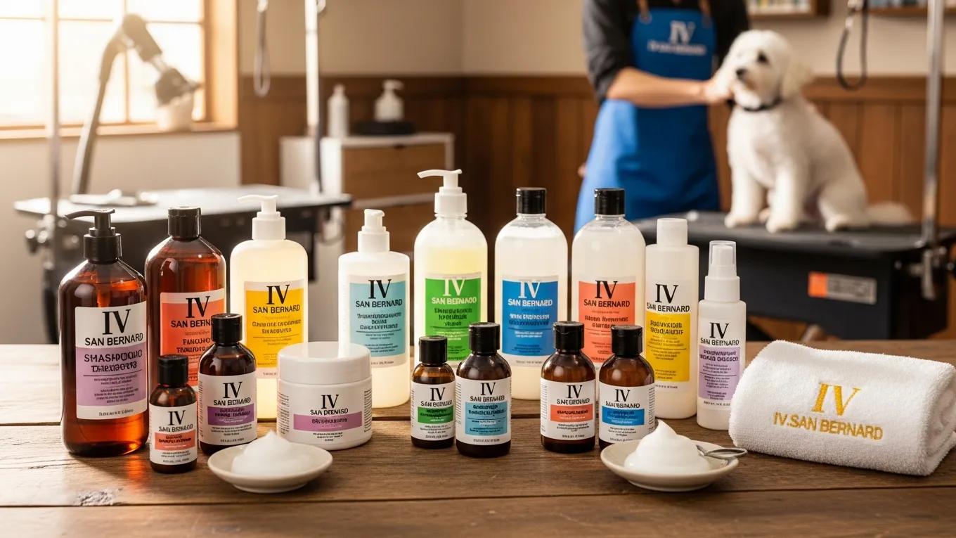 A collection of Iv San Bernard pet grooming products displayed on a table in a pet grooming salon