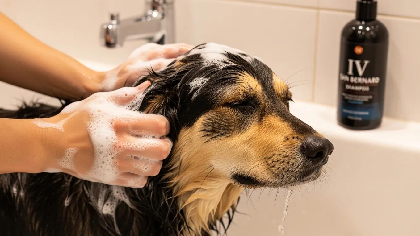 A pet owner applying Iv San Bernard shampoo to a dog in a bathtub, demonstrating proper grooming techniques