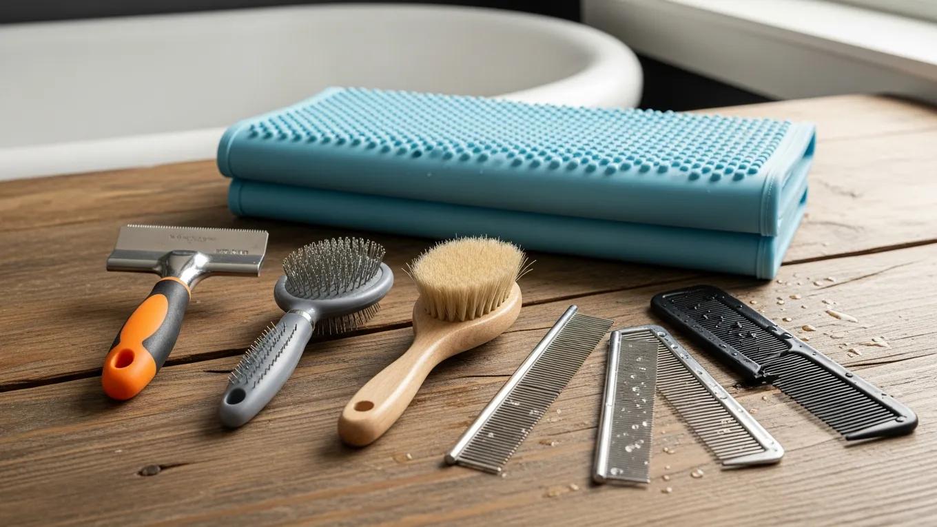 Display of essential pet bathing tools including brushes and a non-slip mat for effective grooming