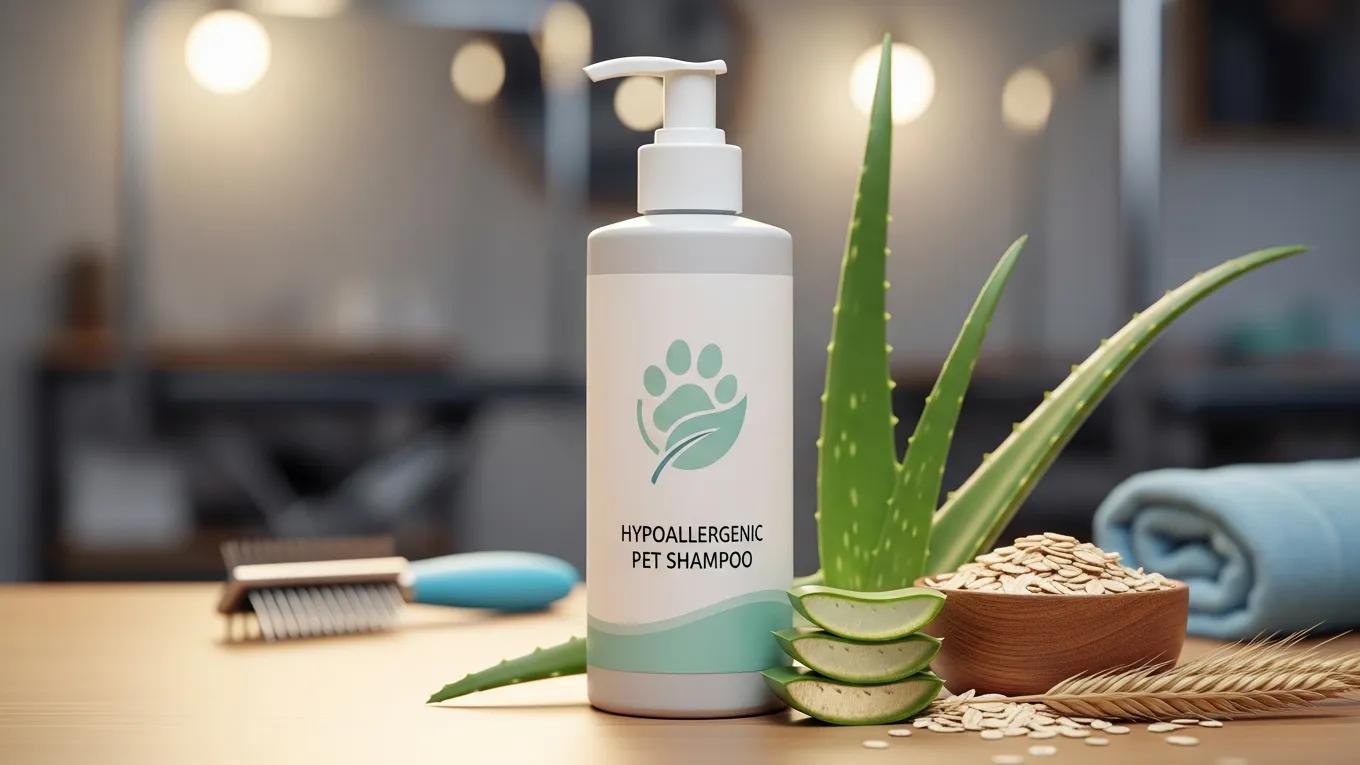 A bottle of hypoallergenic pet shampoo with natural ingredients like aloe vera and oatmeal, set in a pet grooming environment