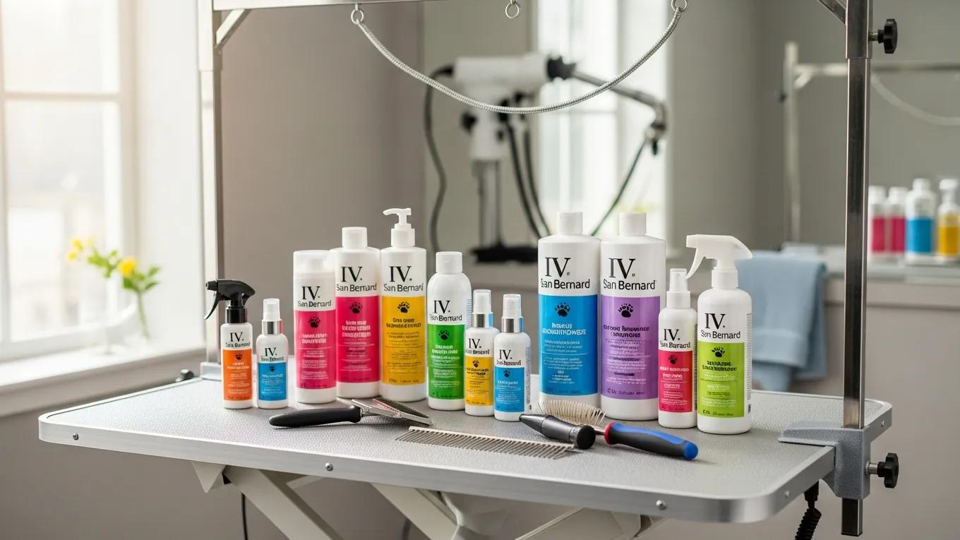 Diverse Iv San Bernard pet grooming products displayed on a grooming table in a bright salon, featuring shampoos, conditioners, and tools for effective pet care.