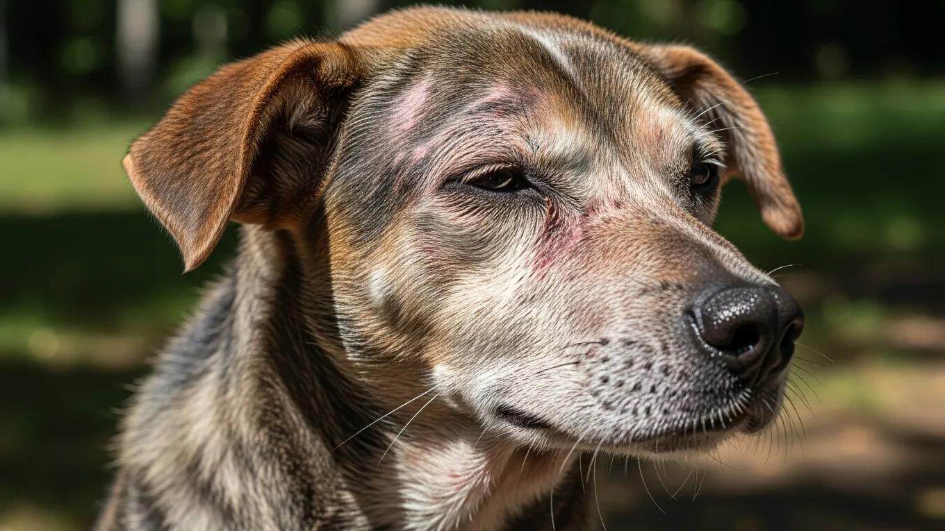 Dog showing signs of skin allergies in a natural setting