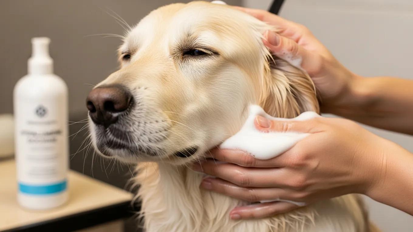 Groomer applying hypoallergenic shampoo to a dog with sensitive skin, showcasing allergy solutions