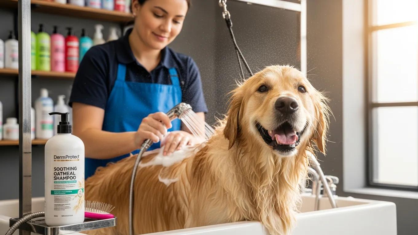 Happy golden retriever receiving therapeutic grooming with soothing oatmeal shampoo in a pet grooming salon.