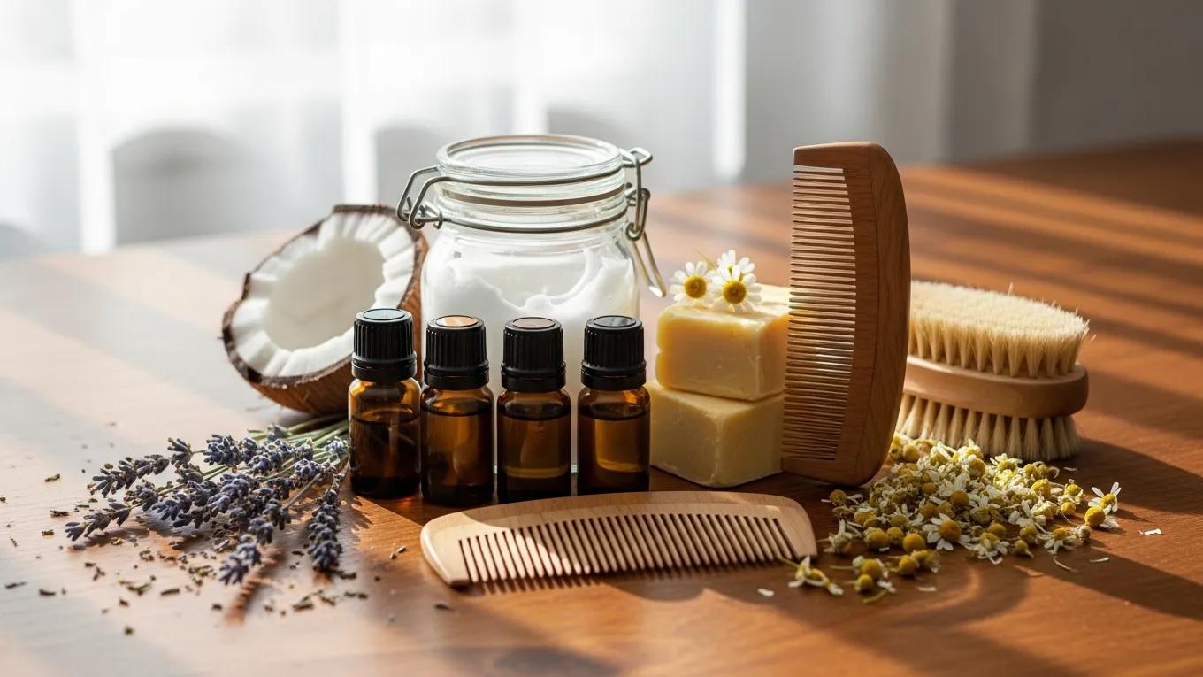 Natural pet skin care products arranged aesthetically on a table