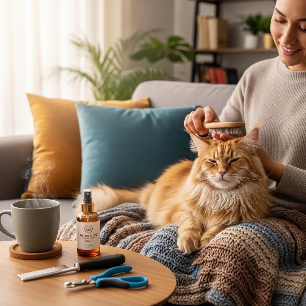 Person grooming a long-haired cat on a couch, showcasing pet grooming techniques with grooming tools and products, including a detangling spray, scissors, and comb, emphasizing best practices for cat care.