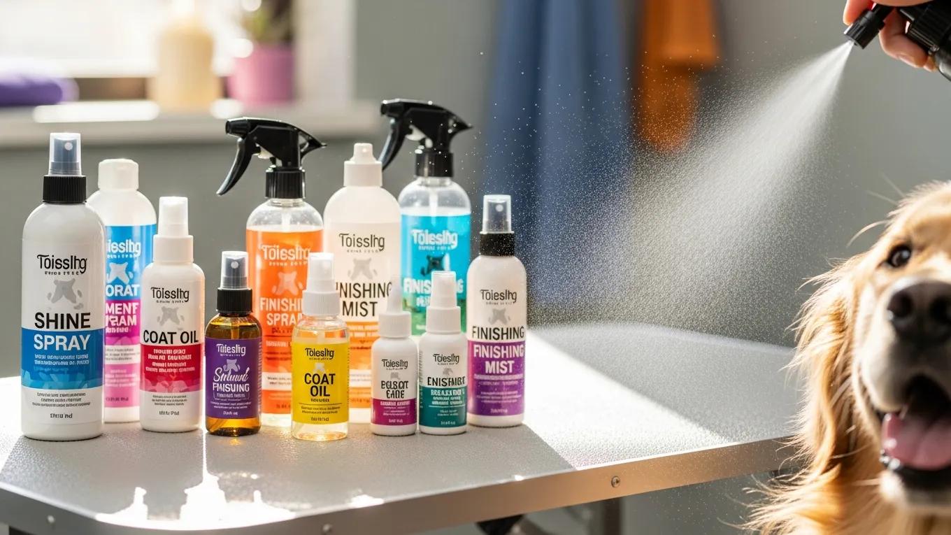 Various finishing products for pet grooming displayed on a table, with a close-up of a pet's shiny coat being enhanced