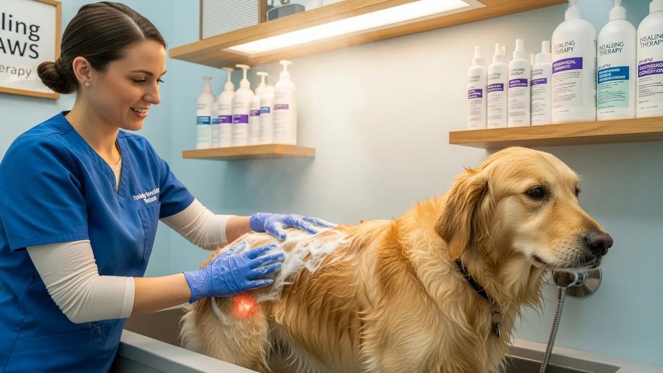 Veterinarian applying medicated shampoo to a dog, illustrating specialized therapy products for skin conditions