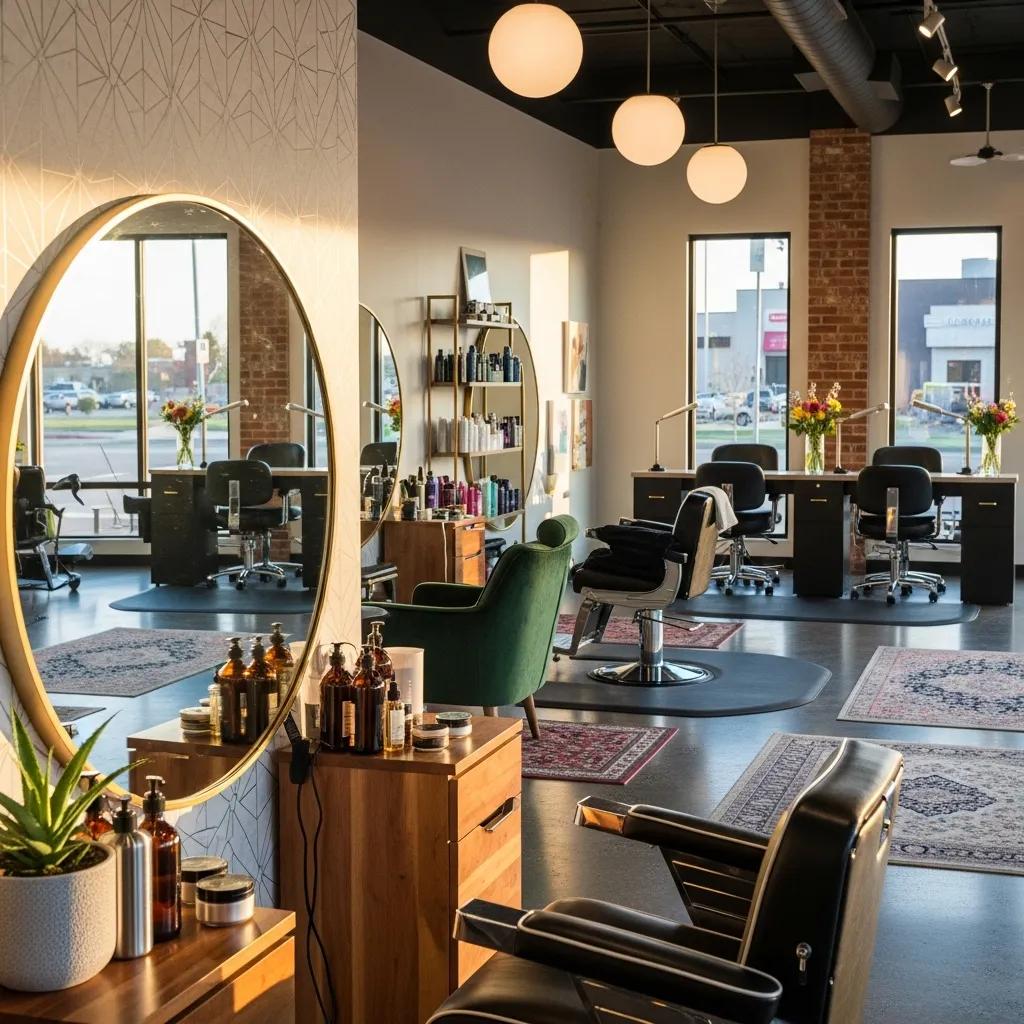 Stylish grooming salon interior featuring modern styling stations, product displays, and elegant decor, emphasizing client experience and retail merchandising strategies for salons.